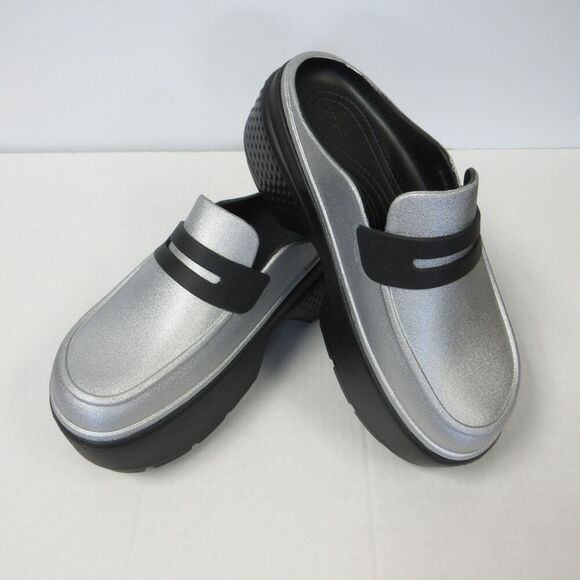 CROCS Stomp Metallic Penny Loafer Mens Sz 6 Black Silver Platform Clog Shoes NEW - Picture 2 of 11